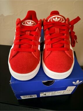 adidas Kids Red Suede Sneakers with White 3-Stripes
